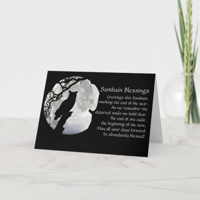 Samhain Pagan Owl and Moon Blessings Holiday Card (Front)