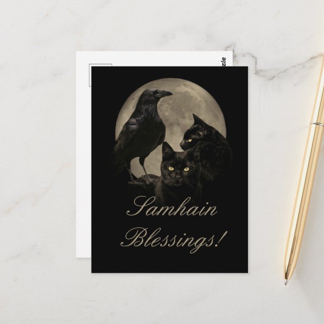 Samhain Raven and Black Cat Pagan  Postcard (Front/Back In Situ)