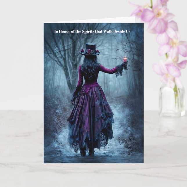 Samhain Woman with Candle on a Misty Path  Card (Orchid)