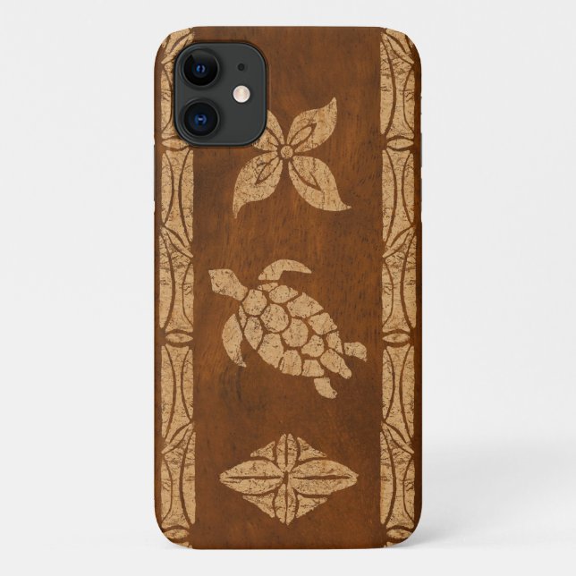 Samoan Turtle Totem Faux Koa Wood Surfboard Case-Mate iPhone Case (Back)