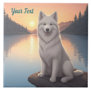 Samoyed by Lake Ceramic Tile
