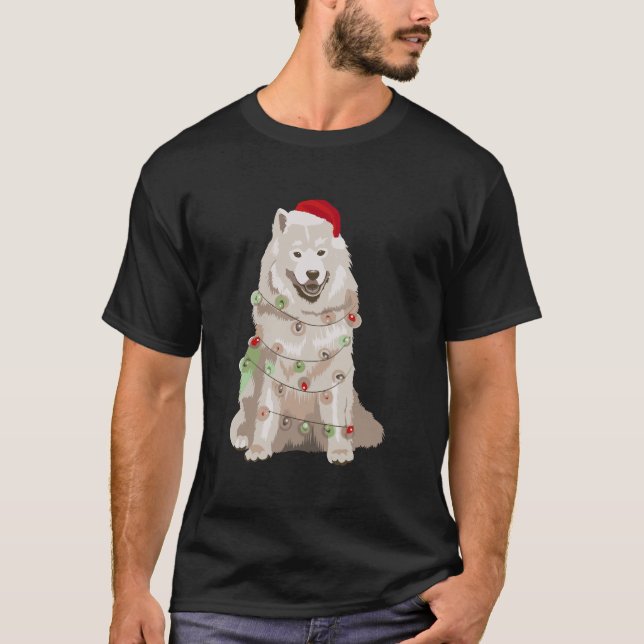 Samoyed Christmas Lights Xmas Dog Lover Santa Hat T-Shirt (Front)