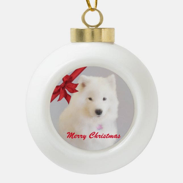 Samoyed Christmas Ornament; Ceramic Ball Ornament (Front)