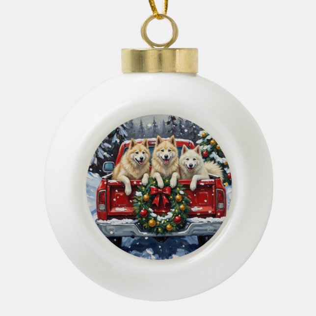 Samoyed Christmas Red Truck Holiday Ceramic Ball Christmas Ornament (Front)