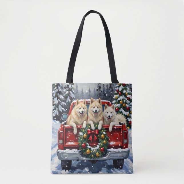 Samoyed Christmas Red Truck Holiday Tote Bag (Front)