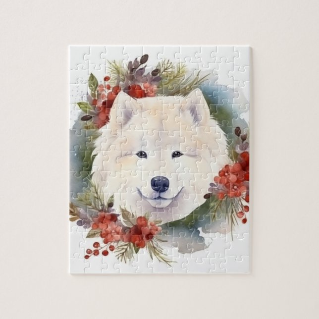 Samoyed Christmas Wreath Festive Pup  Jigsaw Puzzle (Vertical)
