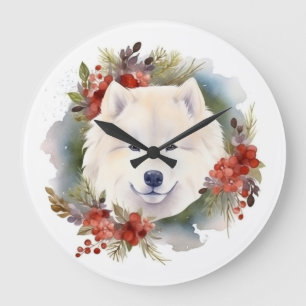 Samoyed Christmas Wreath Festive Pup Large Clock