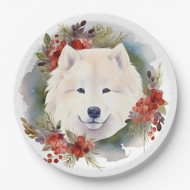 Samoyed Christmas Wreath Festive Pup  Paper Plate (Front)
