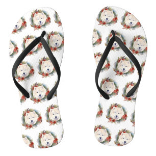 Samoyed Christmas Wreath Festive Pup  Thongs