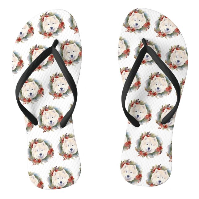Samoyed Christmas Wreath Festive Pup  Thongs (Footbed)