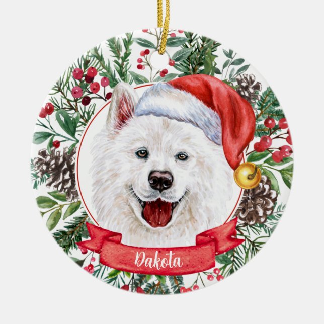Samoyed Custom Santa Hat Dog Christmas Ornament (Front)