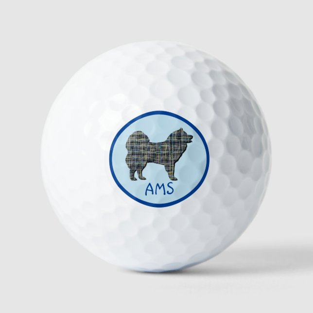Samoyed Cute Dog Silhouette Monogram Grid Blue Golf Balls (Front)