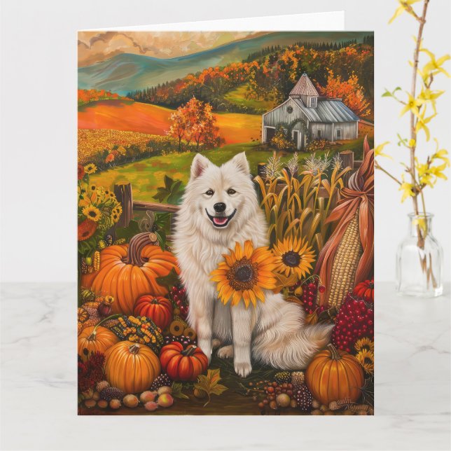 Samoyed Dog Autumn Harvest Thanksgiving Card (Yellow Flower)