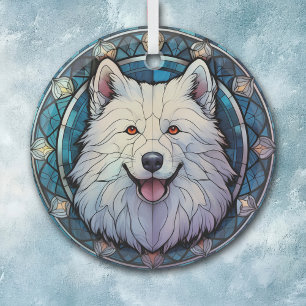 Samoyed Dog Blue Border Stained Glass Tree Decoration