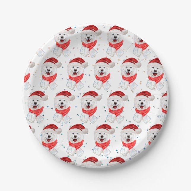 Samoyed Dog Breed Christmas Stars Paper Plate (Front)