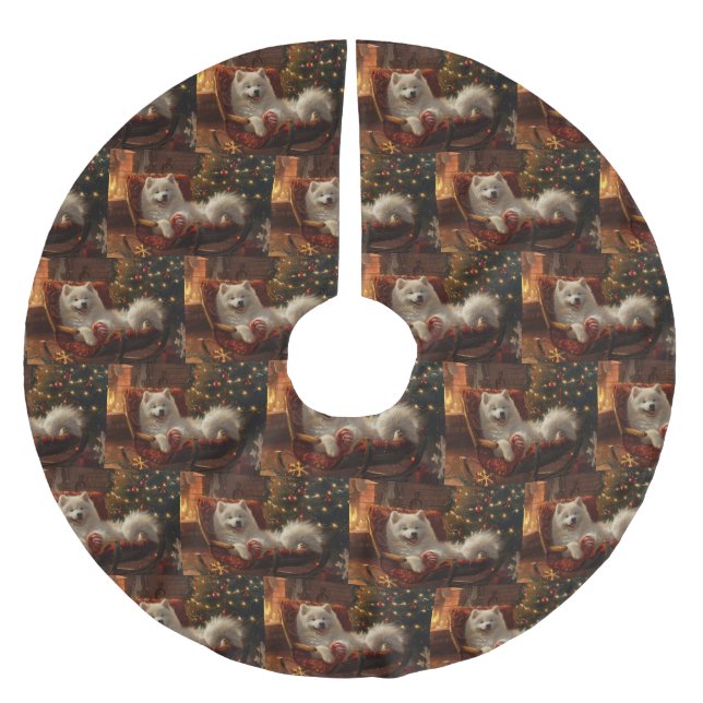 Samoyed Dog Christmas Festive  Brushed Polyester Tree Skirt (Front)