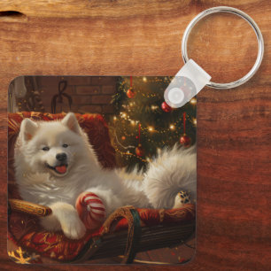 Samoyed Dog Christmas Festive Key Ring