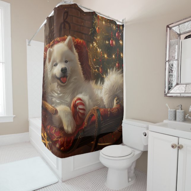 Samoyed Dog Christmas Festive  Shower Curtain (In Situ)