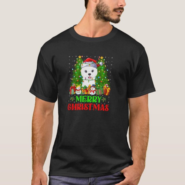 Samoyed Dog Christmas Tree Lights Holiday Santa Sa T-Shirt (Front)