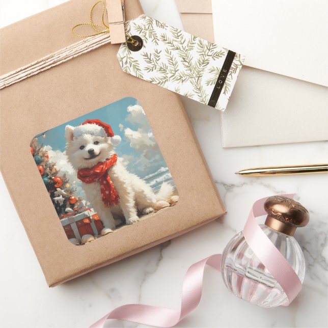 Samoyed Dog Christmas Vintage Beach Square Sticker (Gifting)
