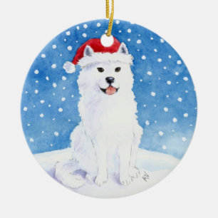 Samoyed Dog in Santa Claus hat Christmas ornament