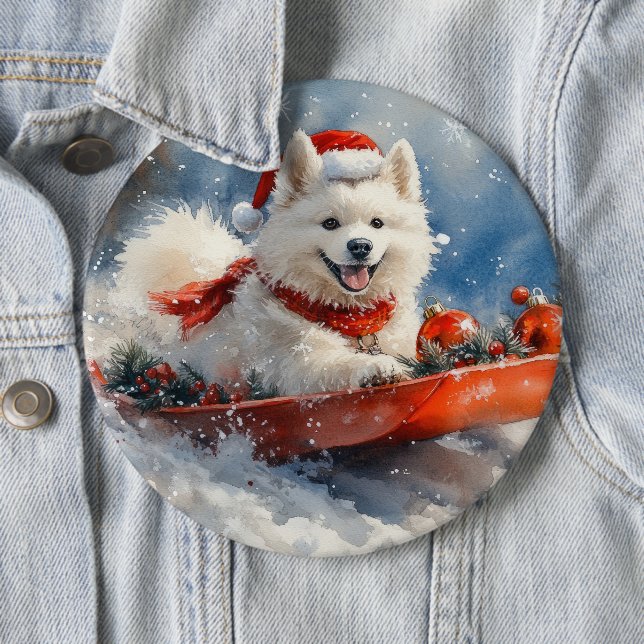Samoyed Dog in Sledge Let it Snow Christmas 6 Cm Round Badge (In Situ)