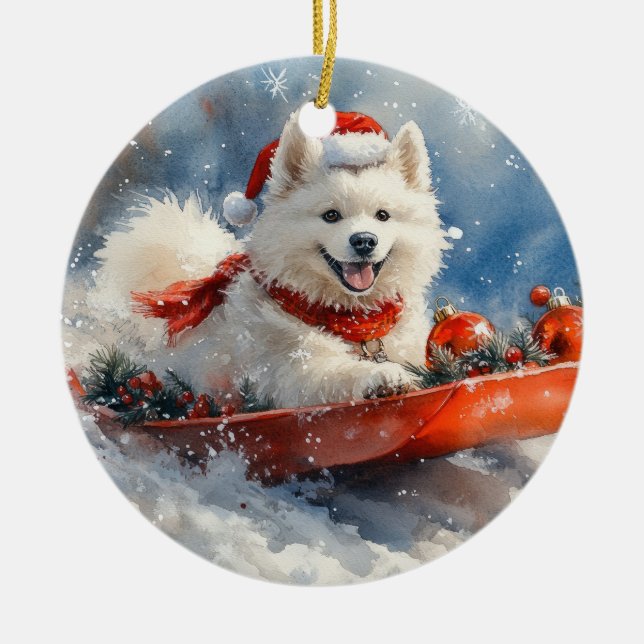 Samoyed Dog in Sledge Let it Snow Christmas Ceramic Ornament (Front)
