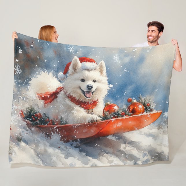 Samoyed Dog in Sledge Let it Snow Christmas Fleece Blanket (In Situ)
