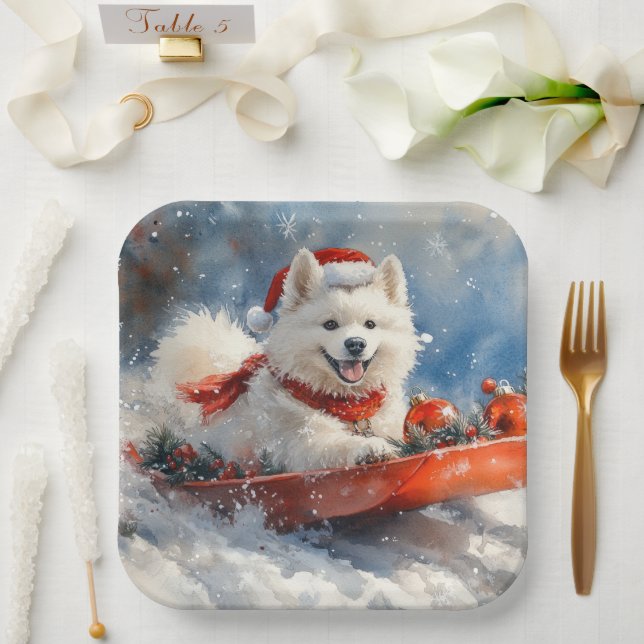 Samoyed Dog in Sledge Let it Snow Christmas Paper Plate (Wedding)