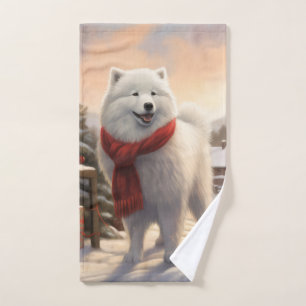 Samoyed Dog in Snow Christmas Bath Towel Set