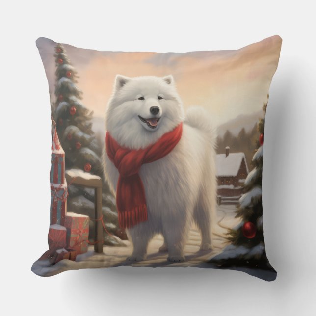 Samoyed Dog in Snow Christmas  Cushion (Front)