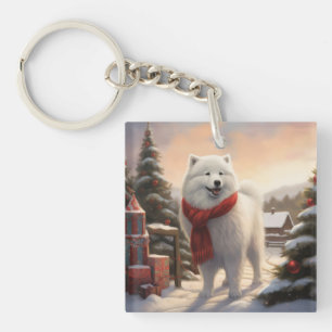 Samoyed Dog in Snow Christmas Key Ring