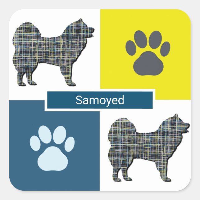 Samoyed Dog & Paw Y&B Grid Square Sticker (Front)