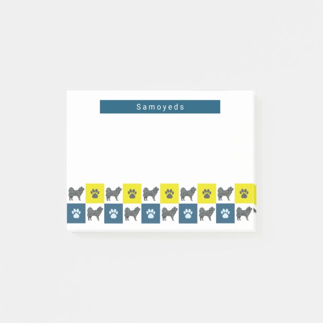 Samoyed Dog & Paw Yellow & Blue Grid Silhouette Post-it Notes (Front)