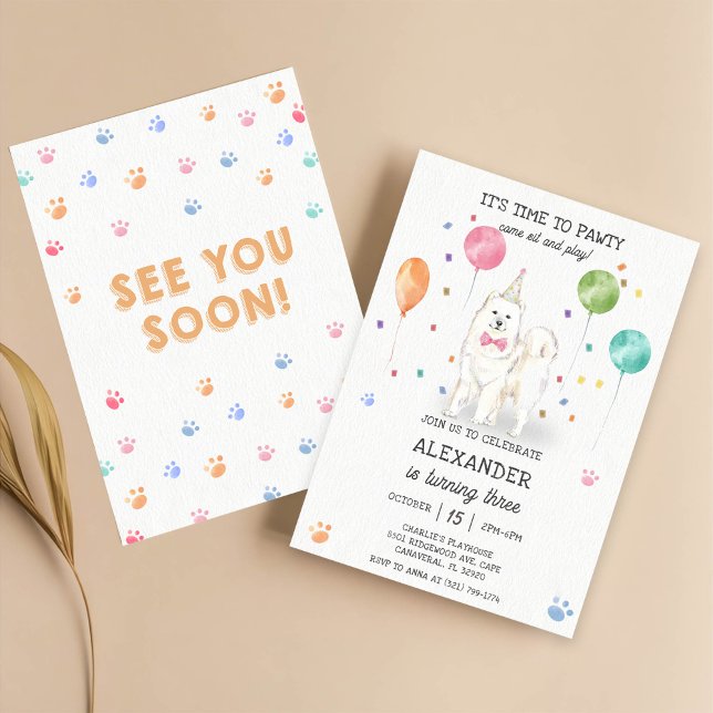 Samoyed Dog Pawty Puppy Birthday Pink  Invitation (Creator Uploaded)