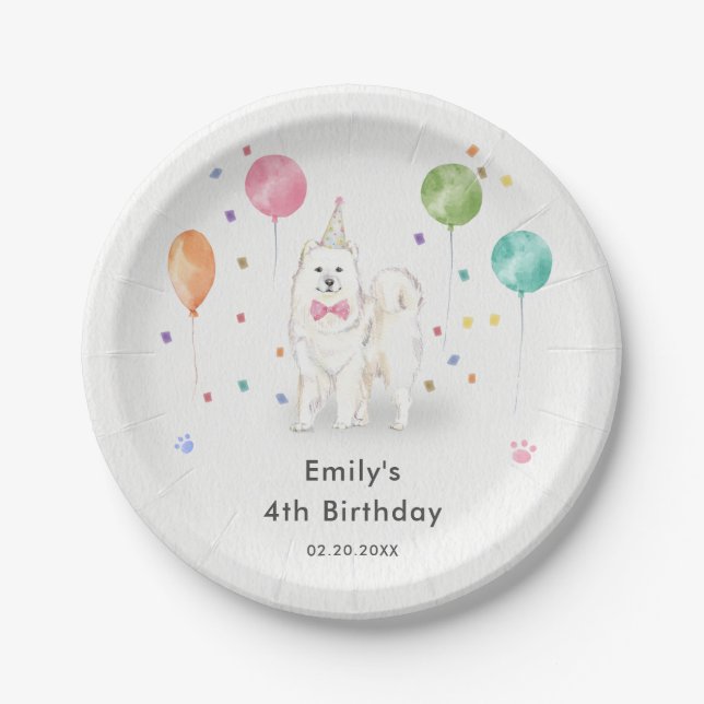 Samoyed Dog Puppy Dog Kids Birthday Party Paper Plate (Front)