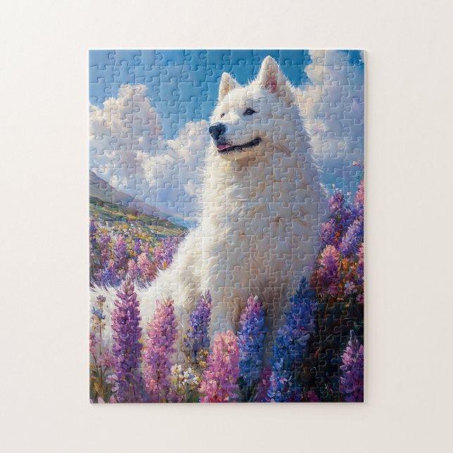 Samoyed Dog Purple Lupine Flowers Jigsaw Puzzle (Vertical)