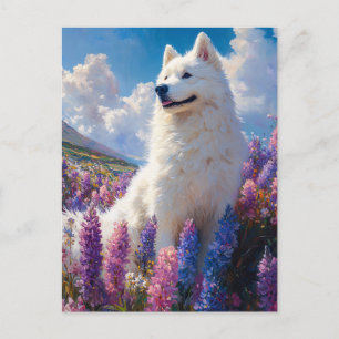 Samoyed Dog Purple Lupine Flowers Postcard