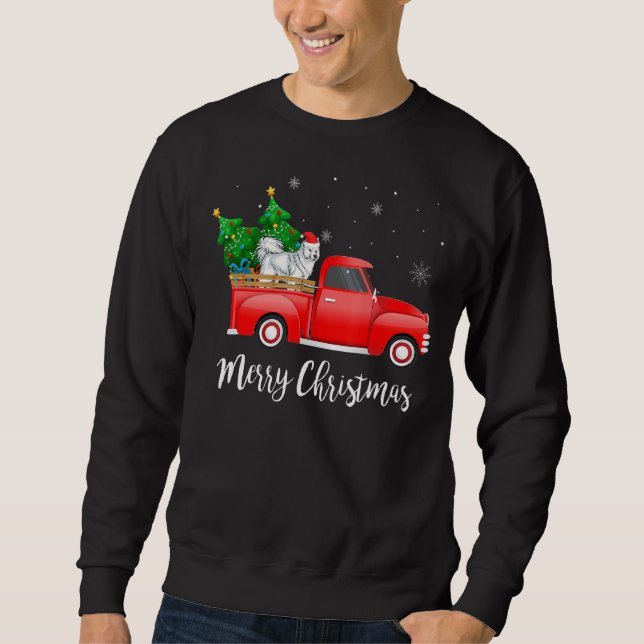 Samoyed Dog Riding Red Truck Christmas Sweatshirt (Front)