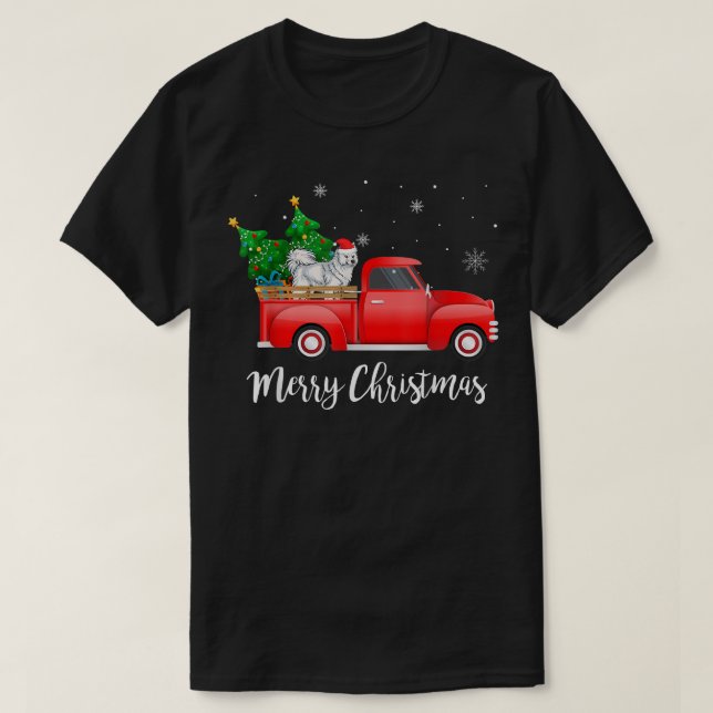 Samoyed Dog Riding Red Truck Christmas  T-Shirt (Design Front)