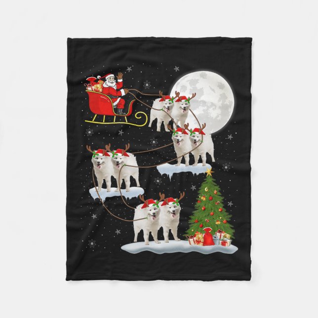 Samoyed Dog Santa Sleigh Flying Funny Magical Chri Fleece Blanket (Front)