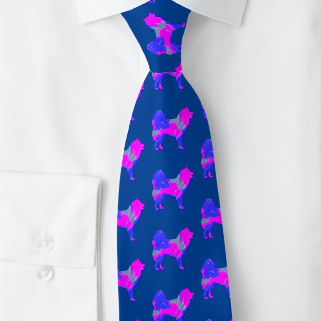 Samoyed Dog Silhouette Pink & Blue Dark Blue Tie (Samoyed pink and blue silhouette pattern tie on blue background )