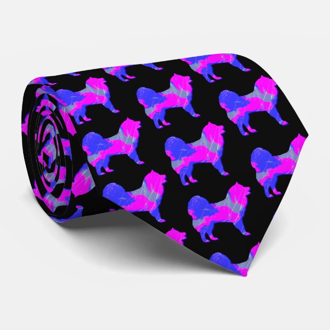 Samoyed Dog Silhouette Pink & Blue Light Black Tie (Rolled)