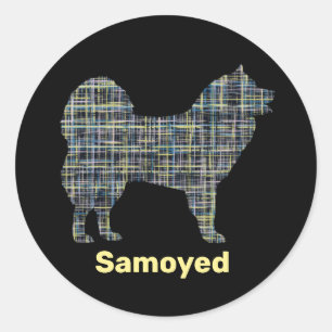 Samoyed Dog Silhouette Yellow & Black Grid Classic Round Sticker