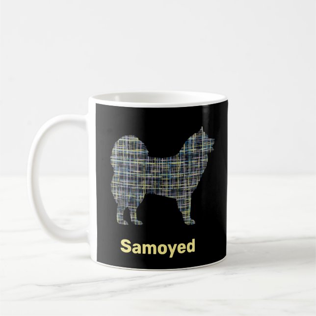 Samoyed Dog Silhouette Yellow & Black Grid Coffee Mug (Left)
