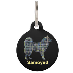 Samoyed Dog Silhouette Yellow & Black Grid Pet Tag