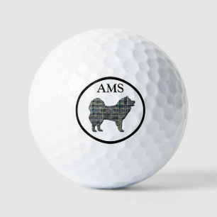 Samoyed Dog Silhouette Yellow & Blue Grid Golf Balls