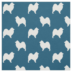 Samoyed Dog Silhouettes Pattern Blue and White Fabric