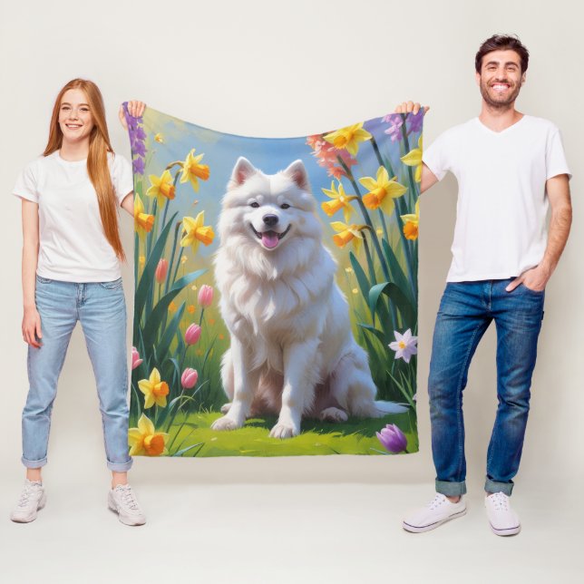 Samoyed Dog Spring Flowers Painting  Fleece Blanket (In Situ)