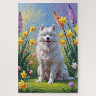 Samoyed Dog Spring Flowers Painting Jigsaw Puzzle